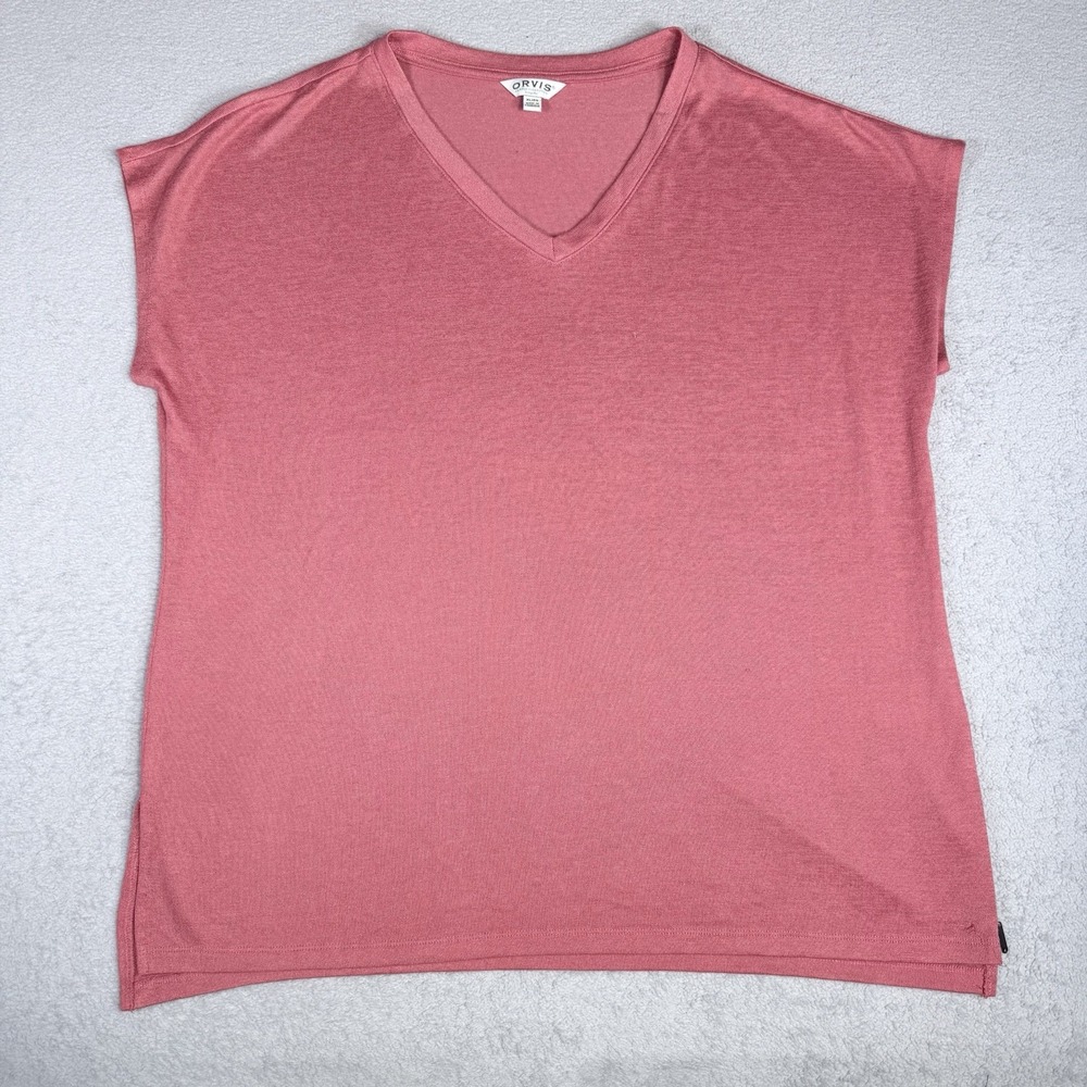 Orvis Shirt Womens Size XL Pink V Neck Lightweight Polyester Rayon Blend Ladies